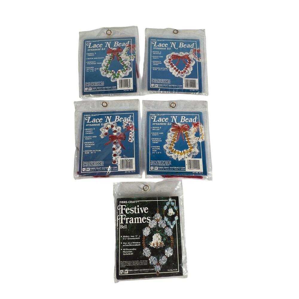 FIBRE CRAFT Christmas Ornament Kits Lot 5 Lace N Bead Festive Frames Bell NEW